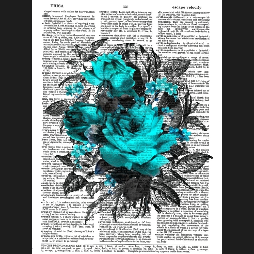 Teal Roses Vintage Dictionary Art Print